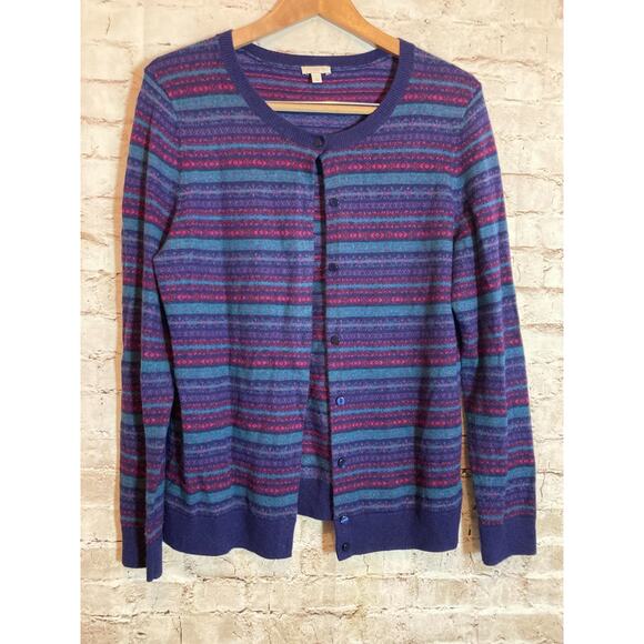 Talbots Sweater Womens Large Lambswool Blend Button Cardigan Dark Stripes Soft - Picture 1 of 12